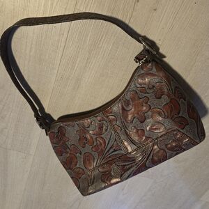 Wilsons Leather Brown and Turquoise Tooled Leather Floral Shoulder Bag